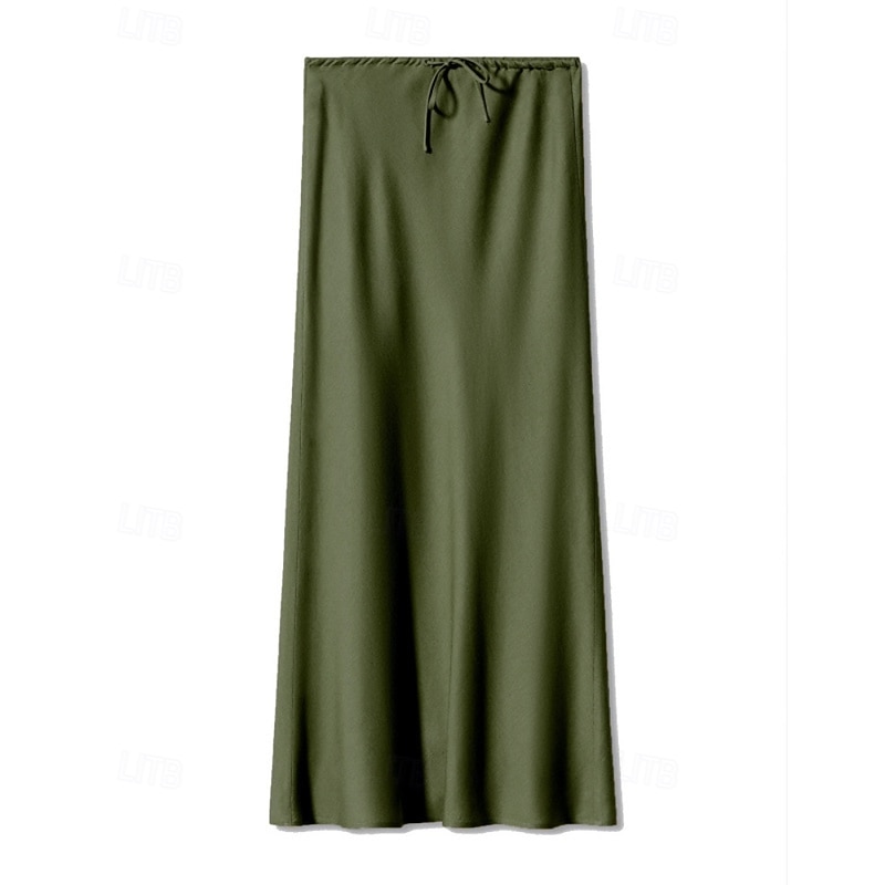 Women's Skirt Casual Maxi Mid Rise Skirts Plain Drawstring Micro-elastic Vacation Street Wine Navy Black Army Green Fall Polyester2