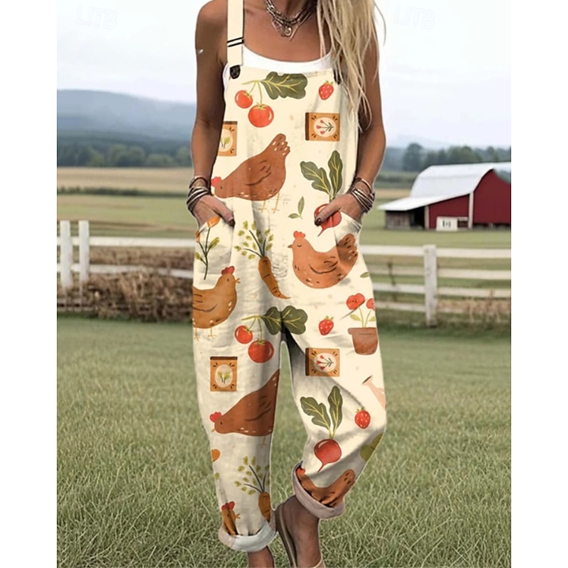 Women's Normal Jumpsuit Streetwear Print Short Sleeve Wide Leg U Neck Pocket Street Daily Regular Fit Khaki Summer