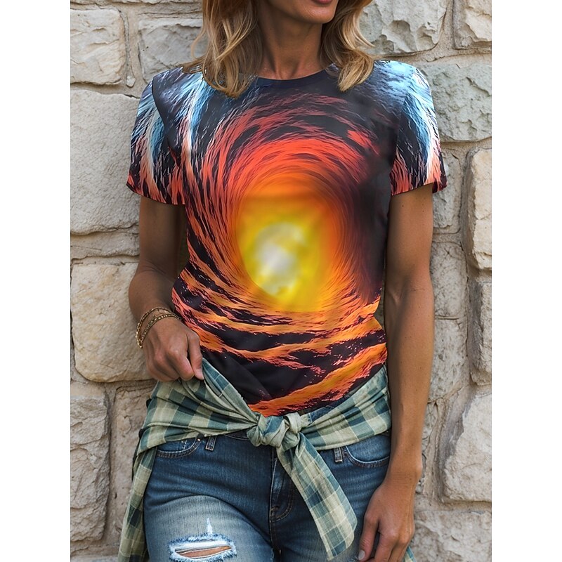 Women's T Shirt Graphic Abstract Vintage Stylish Classic Short Sleeve Crew Neck Round Neck Regular Tops Daily Print Blue Orange Summer Spring4