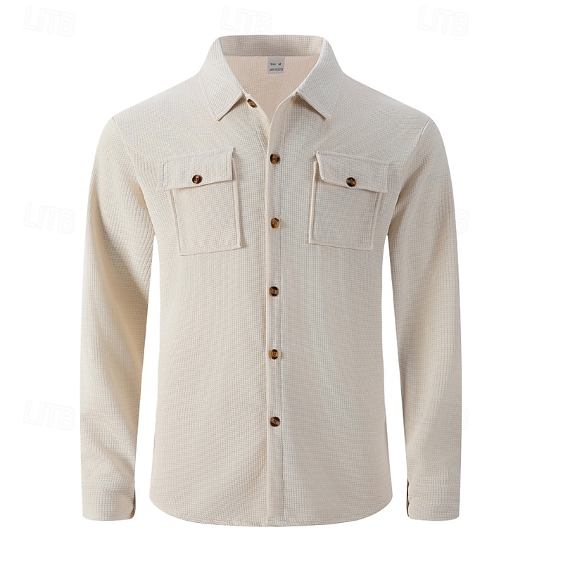 Men's Lightweight Jacket Waffle Jacket Shirt Jacket Casual Jacket Vacation Daily Breathable Pocket Spring Fall Plain Fashion Classic Lapel Regular Black White Wine Dark Green Khaki Jacket2