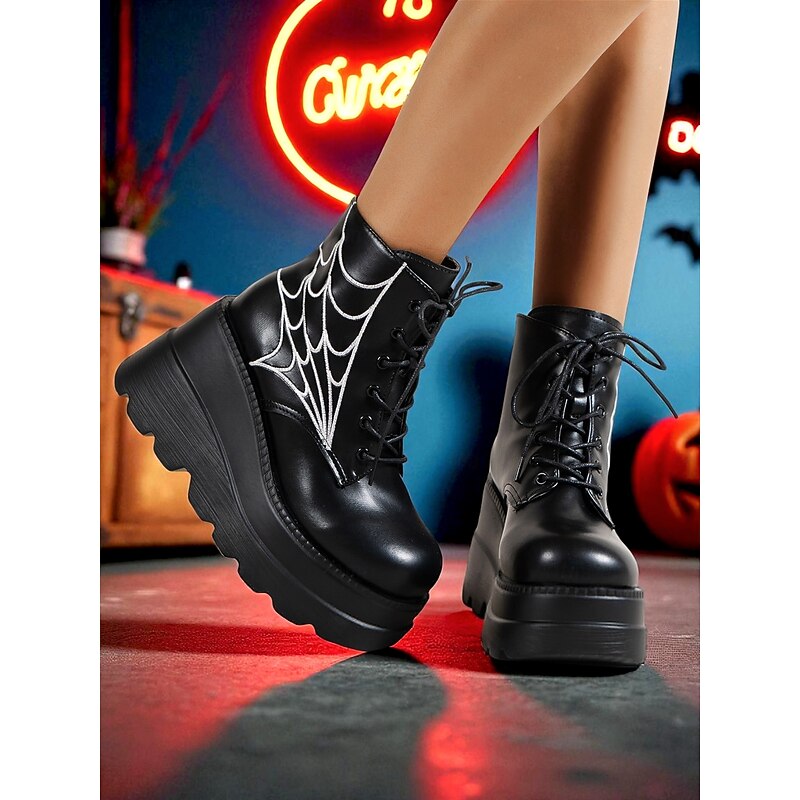 Women's Black Platform Boots with Spider Web Design - Chunky Lace-Up Ankle Boots for Halloween,  Cosplay, and Masquerade Balls, Punk and Gothic Style, Comfortable for All-Day Wear2