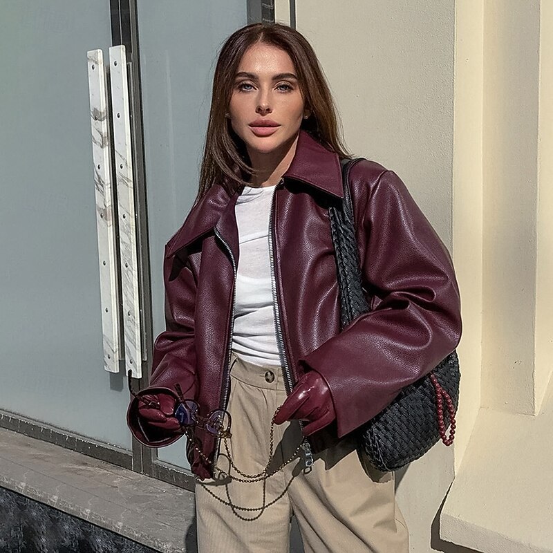 Women's Faux Leather Jacket Winter Jacket Windproof Zipper Oversized Elegant Vintage Fashion Daily School Casual Daily Short Turndown Loose Fit Long Sleeve Outerwear claret Spot goods shipped in2