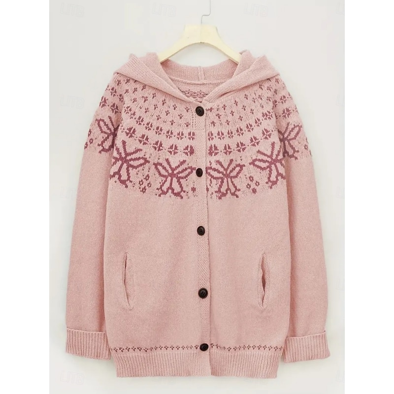 Women's Cardigan Vacation Fashion Streetwear Geometric Ribbed Hooded Knitted Print Front Pocket Long Sleeve Regular Tops Knit Outdoor Daily Pink Fall Winter2