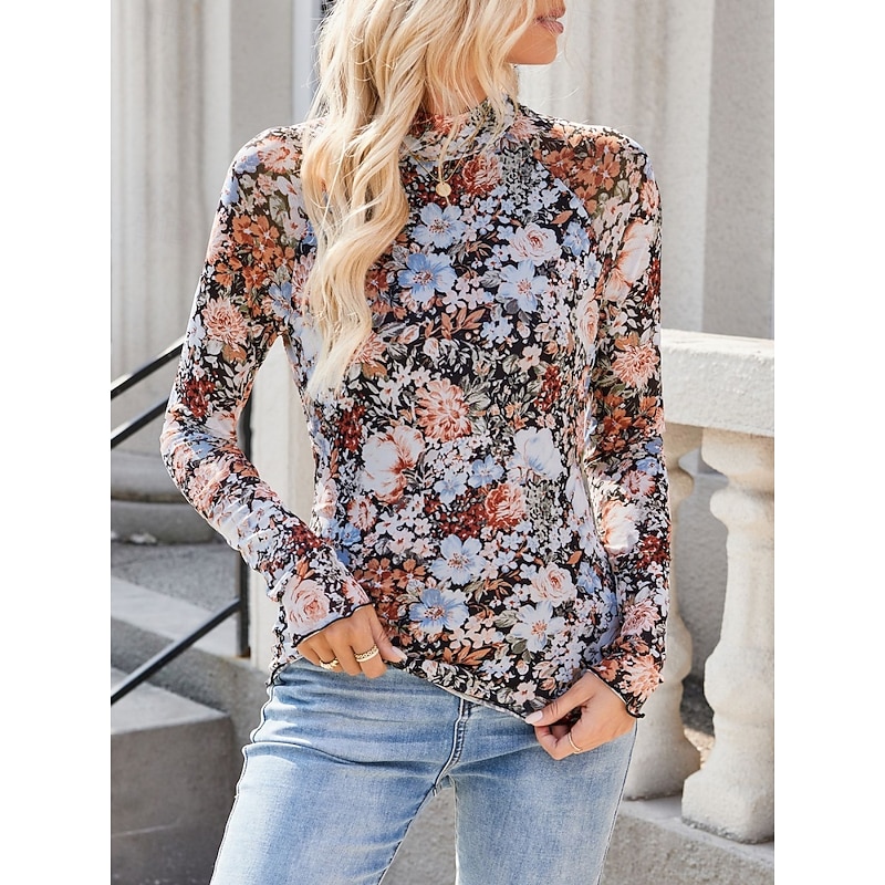 Women's Blouse Floral Leopard Stylish Casual Long Sleeve Turtleneck Regular Tops Daily Holiday Going out Print Black Pink Green Khaki Summer Spring Fall4