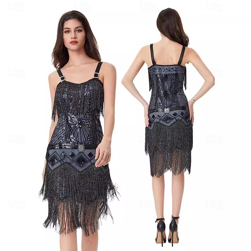 Retro Vintage Roaring 20s 1920s Above Knee Flapper Dress Cocktail Dress The Great Gatsby Flapper Girl Sequins Fringe Fancy Dress Women's Christmas Carnival Wedding Evening Party Masquerade Adults2
