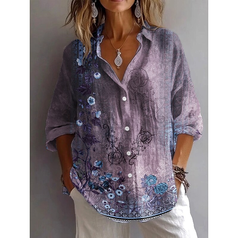 Women's Shirt Button Down Tunic Shirt Collar Long Sleeve Ombre Floral Graphic Vintage Daily Stylish V Neck Regular Tops Work Daily Holiday s Print Sage Green Blue Purple Spring Fall2