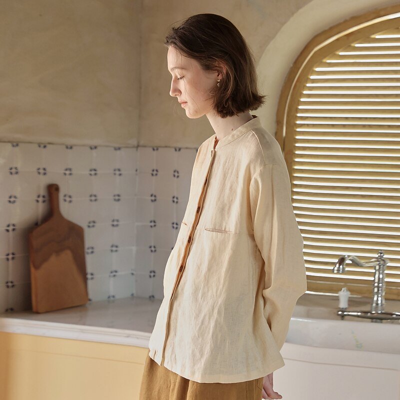 Women's 100% Linen Shirt Solid Color Plain Elegant Vintage Daily Long Sleeve High Neck Regular Tops Work Daily Holiday Pocket Black White Apricot Summer Spring Fall4