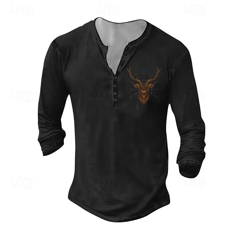 Men's Henley Shirt Tee Tee Top Long Sleeve Shirt Long Sleeve Henley Summer Fall Pattern Deer Fashion Designer Fashion Vintage Vacation Street Going out Dark Grey Black White Top Tee for Men3