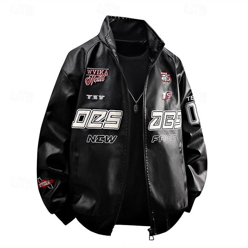 Men's Faux Leather Jacket Biker Jacket Motorcycle Jacket Vacation Daily Windproof Warm Pocket Fall Winter Letter Fashion Classic Lapel Regular Black White Red Jacket