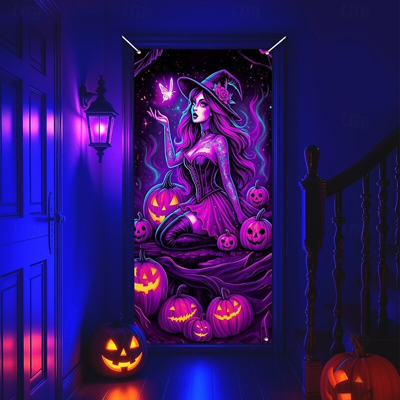 Halloween Door Cover Neon Witch Casting Spells Banner, Glowing Blacklight Entrance Decoration for Outdoor & Indoor 2025 Halloween Bedroom, Living Room, Bathroom3