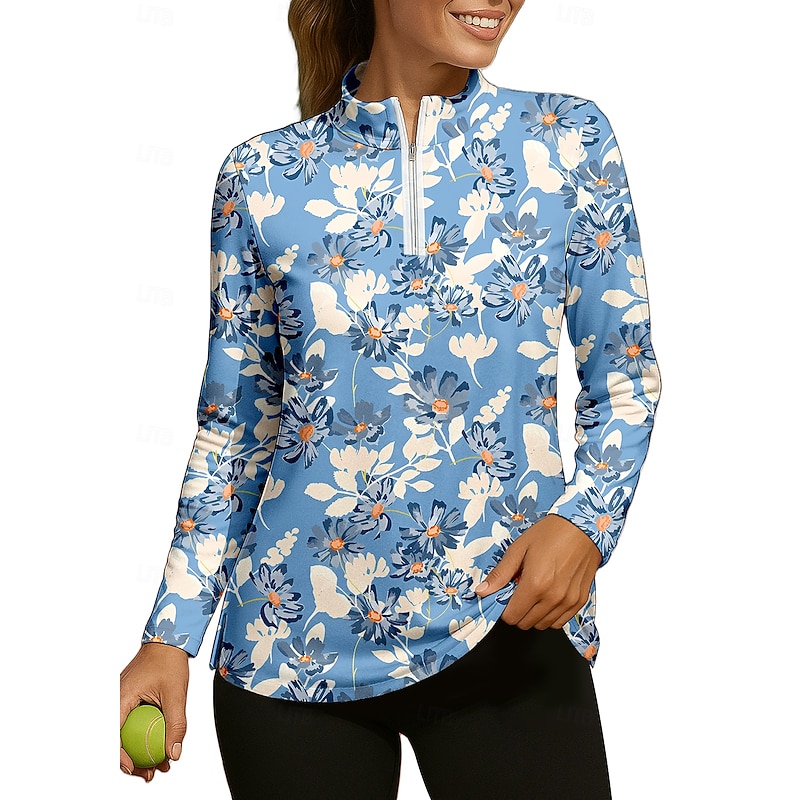 Women's Floral Tops Shirt Sport Shirt Golf Polo Shirt Long Sleeve Zipper Floral UPF50+ UV Resistant High Elasticity Moisture Wicking Breathable Tennis Golf Pickleball Stand Collar Zip Collar Shirt3