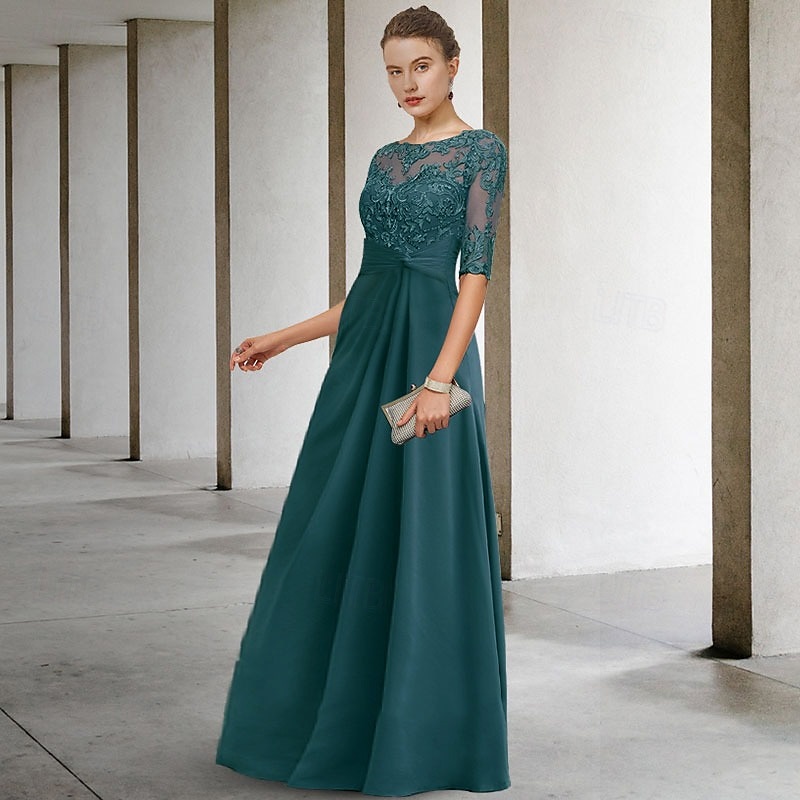 Sheath Mother of the Bride Dress Wedding Guest Elegant Plus Size Jewel Neck Floor Length Chiffon Lace Short Sleeve with Appliques Side-Draped3