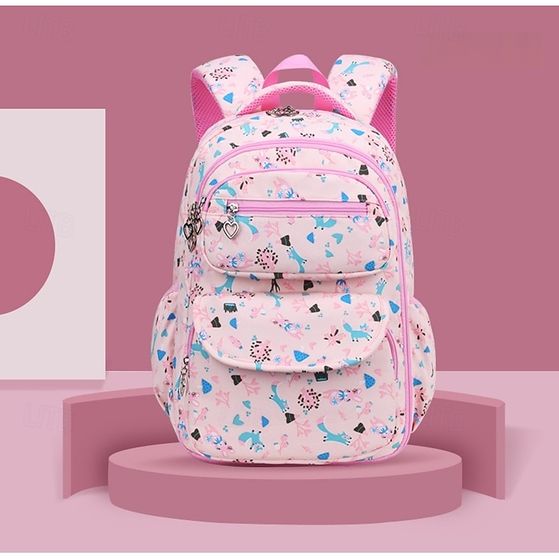 Girls' Cute Printed School Backpack with Heart Zipper Charm, Lightweight Waterproof Multi-Pocket Bookbag for Elementary and Middle School Students, Available in Pink, Purple, Blue, and Beige2