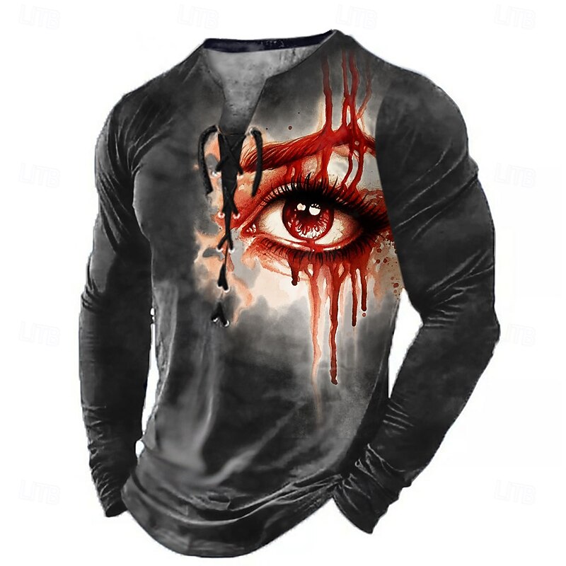 Sarah Richter Halloween Men's 3D Henley Shirt T shirt Tee Long Sleeve T shirt 3D Print Lace Up Neck Henley Shirt Fashion Casual Vintage Retro Tee