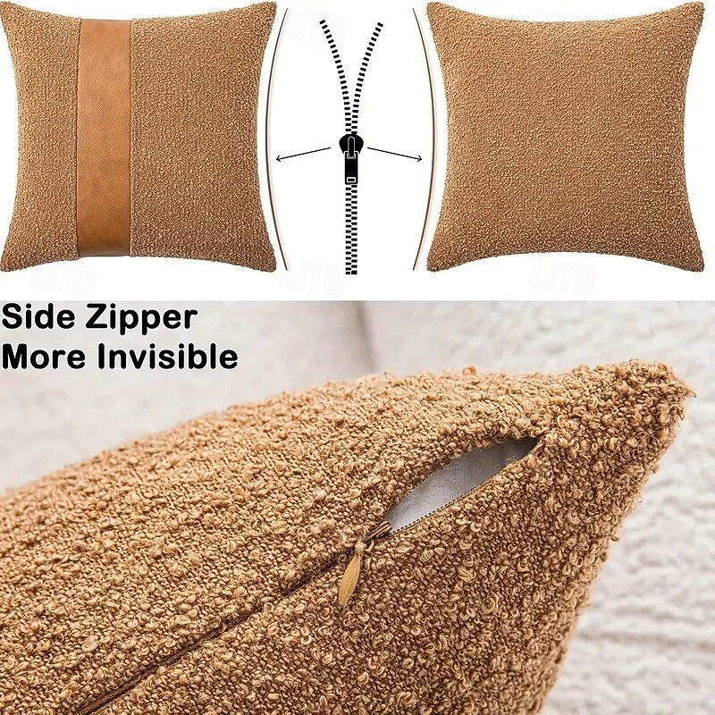 1pc Faux Leather Boucle Throw Pillow Covers 18"x18" Chic Accents Textured Square Decorative Pillow Cases for Living Room Couch Bed Farmhouse Boho Home Decor4