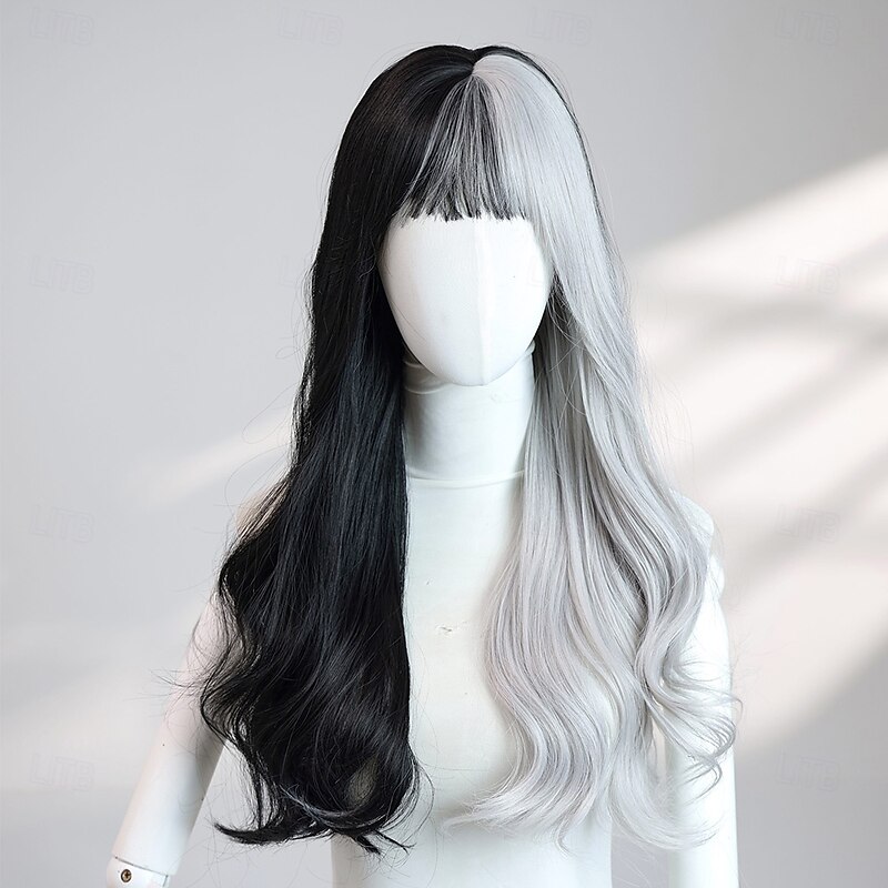24-Inch Black and Gray Wavy Wig for Women – Fashionable Two-Tone Hair with Bangs, Perfect for Halloween Costumes and Everyday Fashion2