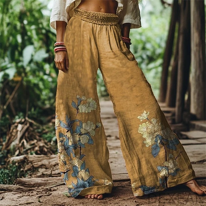 Women's Wide Leg Pants Trousers Palazzo Pants Vintage Boho Full Length High Waist Flower Elastic Waist Printing Breathability Comfortable Street Daily Wear Going out Yellow Spring Fall Regular Fit - Main Image