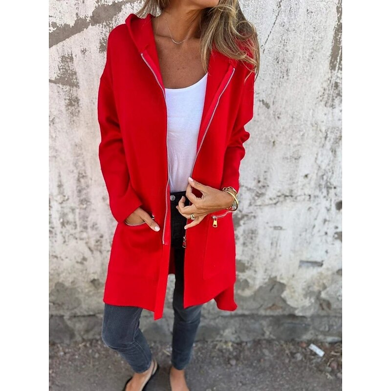 Women's Hoodie Jacket Comfortable Breathable Zipper Pocket Fashion Daily Plain Outdoor Casual Daily Zipper Regular Hooded Regular Fit Long Sleeve Outerwear Black Red Camel Spring Fall2