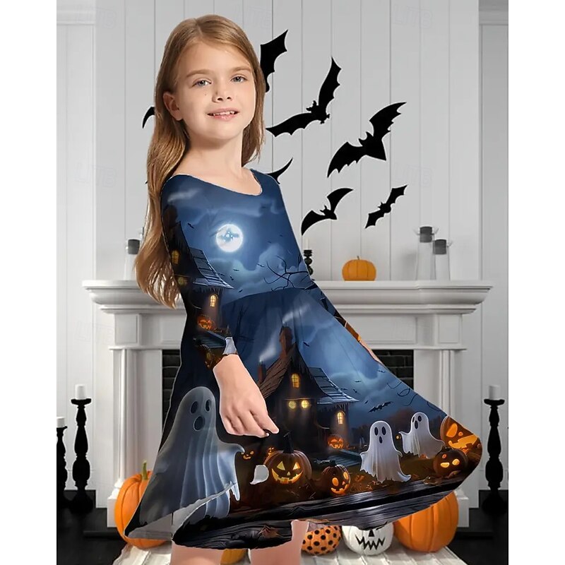 Halloween Girls' 3D Graphic Pumpkin Ghost Dress Long Sleeve Summer Spring Vacation Daily Holiday Princess Beautiful Sweet Kids 4-12 Years Casual Dress A Line Dress Knee-length Regular Fit2