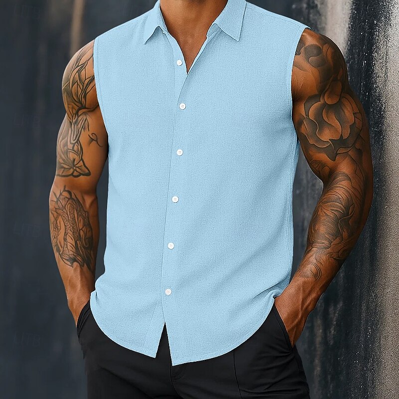 Men's Shirt Linen Shirt Summer Shirt Beach Wear Button Up Shirt Plain Daily Streetwear White Pink Blue Sleeveless Turndown Summer Spring Clothing Apparel2