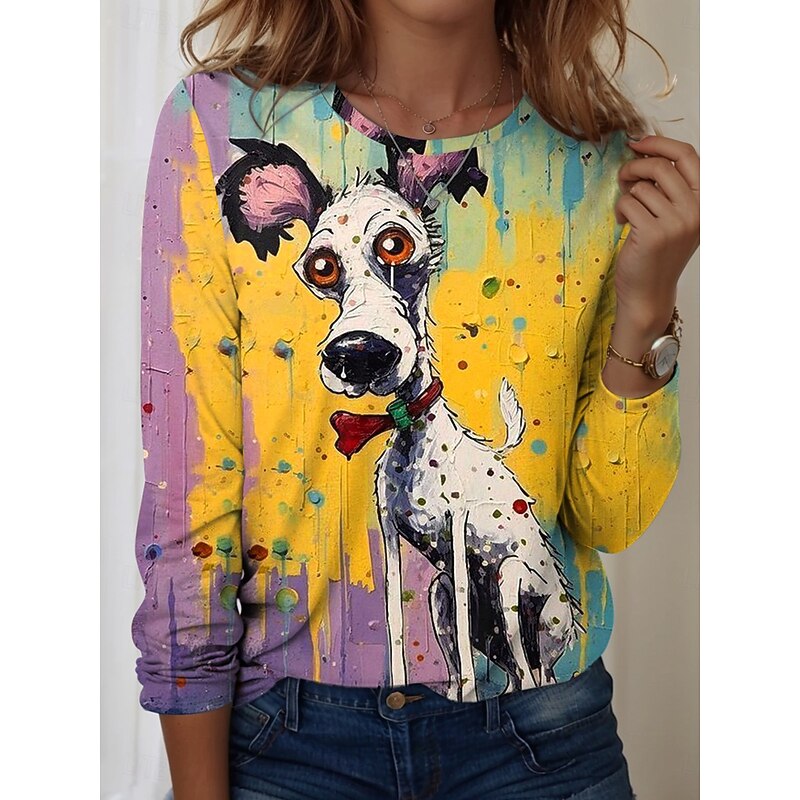 Women's T shirt Crew Neck Long Sleeve Tunic Graphic Animal Vintage Stylish Modern  Regular Tops Daily Print Yellow Blue Dusty Blue Orange Fall2