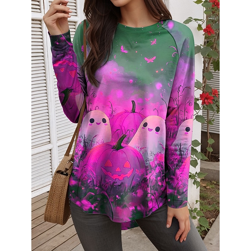 Halloween Women's T shirt Pumpkin Long Sleeve Graphic Geometric Vintage Stylish Classic Long Sleeve Crew Neck Regular Tops Daily Print Purple Orange Green Spring Fall Prefall3
