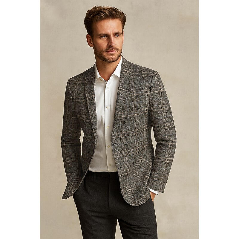 Men's Blazer Jacket School Formal Performance Classic All Seasons Polyester Vicose Plaid No-Iron Single Breasted Two-button Blazer Coffee Gray4