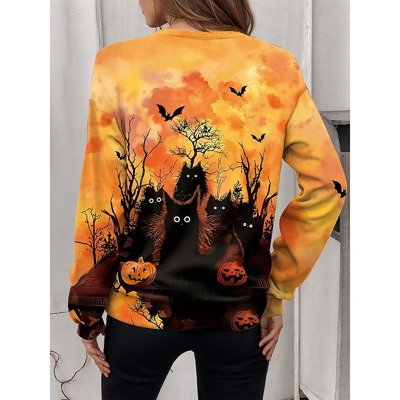 Halloween Women's Quarter Zipper Sweater Black Cat Graphic Pumpkin Casual Long Sleeve Crew Neck Regular Tops Street Dailywear Half Print Black Yellow Orange Fall Winter2