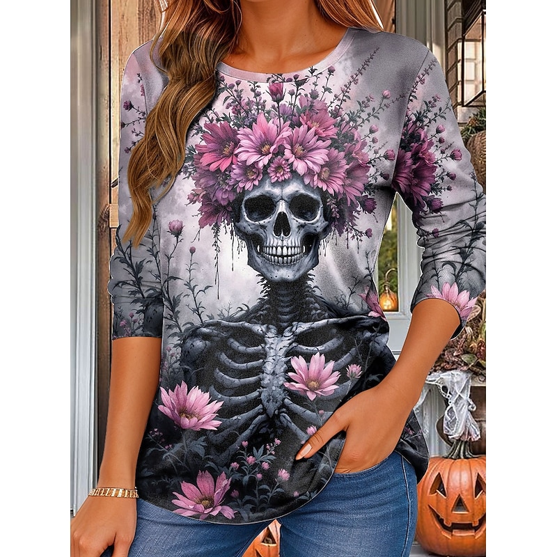 Halloween Women's T Shirt Skulls Crew Neck Long Sleeve Tunic Floral Graphic Vintage Stylish Regular Tops Daily Print Pink Purple Orange Green Fall