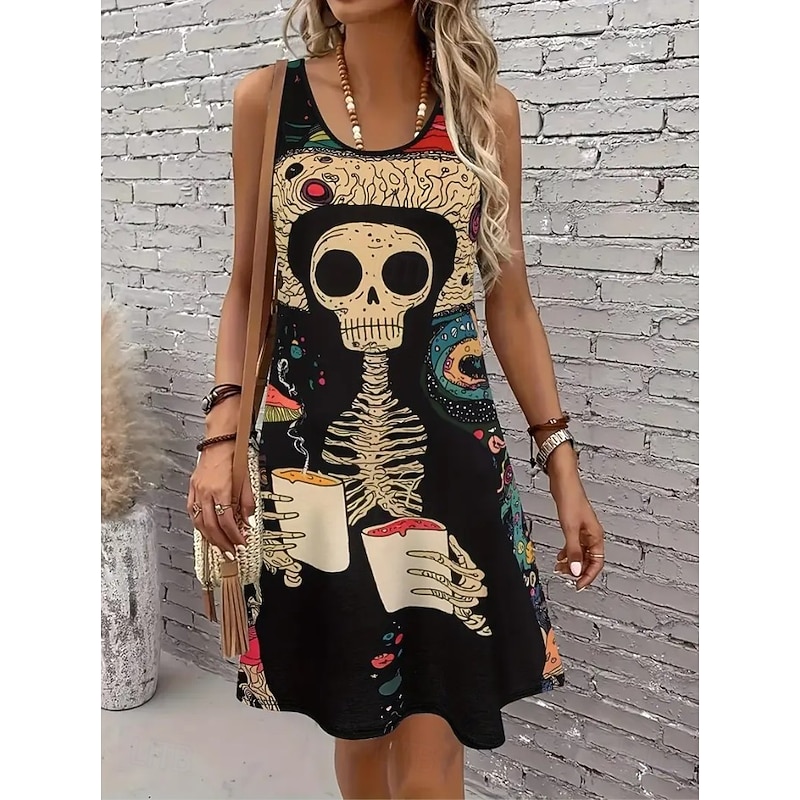 Halloween skeleton Women's Skulls Print Mini Dress A Line Dress Summer Dress Off The Shoulder Dress Vacation Casual Daily Loose Fit Floral Graphic Sleeveless U Neck White Summer Spring