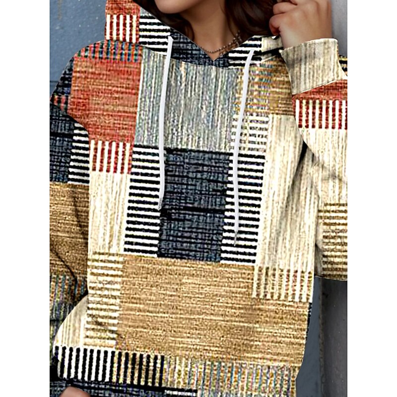 Women's Hoodie Pullover Sweatshirt Oversized Long Sleeve Casual Graphic Geometric Warm Active Hooded Regular Tops Street Dailywear Patchwork Print Khaki Spring Fall Winter2