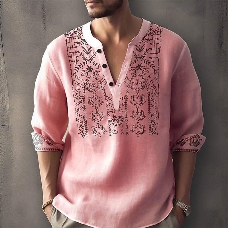 Men's Floral Ethnic Shirt Button Up Shirt Long Sleeve Fashion Streetwear Designer Outdoor Daily Summer Spring Fall Stand Collar Print White Pink Blue Khaki Gray3