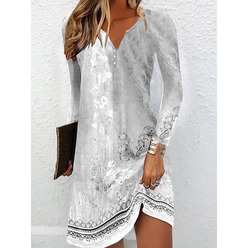 Women's Mini Dress Floral Dress Print Dress Fashion Modern Vacation Daily Going out Regular Fit Floral Long Sleeve V Neck White Blue Summer Spring