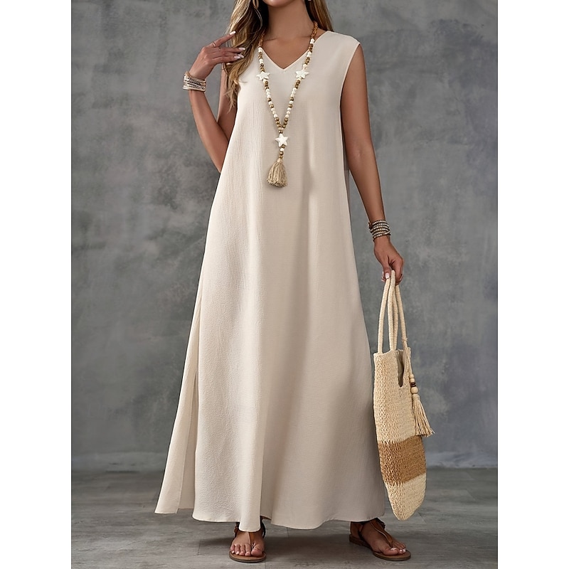 Women's Maxi Dress A Line Dress Summer Dress Casual Daily Regular Fit Plain Sleeveless V Neck Black White Light Purple Green Summer2