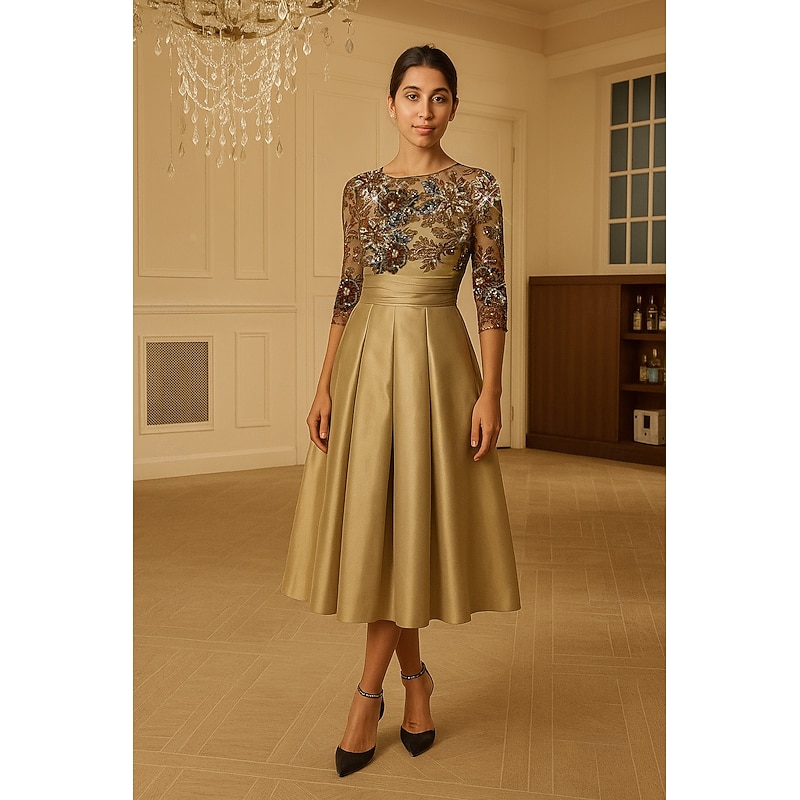 A-Line Gold Floral Beaded Lace Cocktail Dresses Elegant Dress Formal Wedding Tea Length 3/4 Length Sleeve Crew Neck Satin with Pleats