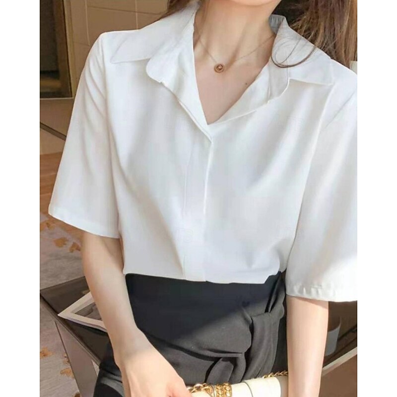 Women's Shirt Texture Blouse Plain Daily Stylish Basic Short Sleeve Shirt Collar Regular Tops Work Daily Holiday Buttons Black White Spring Fall