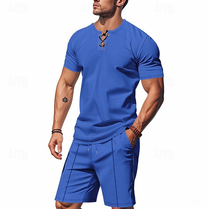 Men's Waffle Shirt T-shirt Suits 2 Pieces Outfits Tee & Shorts Short Sleeve V Neck Summer Plain Fashion Casual Lace up 2 Piece Vacation Daily Wear Going out Black White Royal Blue Top Tee for Men