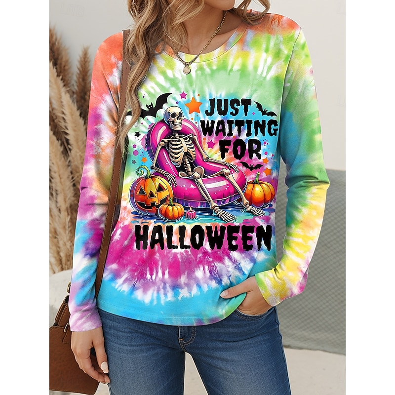 Halloween Women's T shirt Pumpkin Long Sleeve Crew Neck Long Sleeve Tunic Graphic Vintage Stylish Classic Regular Tops Daily Weekend Print Black Red Fuchsia Orange Spring Fall Prefall3