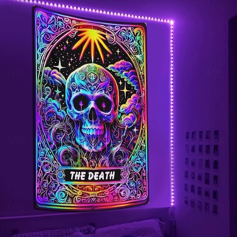 Halloween Blacklight Wall Tapestry – UV Reactive Tarot Card 'The Death' with Skull, Neon Colors Psychedelic Gothic Scene, Spiritual Backdrop for 2025 Halloween Meditation Room Decoration3