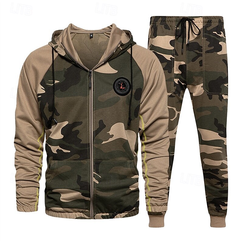Men's Hoodie Tracksuit Full Zip Hoodie Sweatsuit Army Green Khaki Gray Hooded Camo / Camouflage 2 Piece Sports & Outdoor Daily Holiday Polyester Streetwear Basic Casual Spring Fall Clothing Apparel4