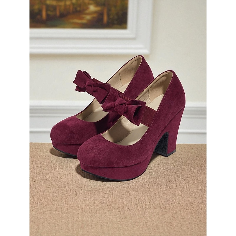 Women's Burgundy Mary Jane Platform Heels with Bows – 1950s Retro Chunky High Heel Shoes for Parties, Cosplay, and Vintage-Inspired Outfits3