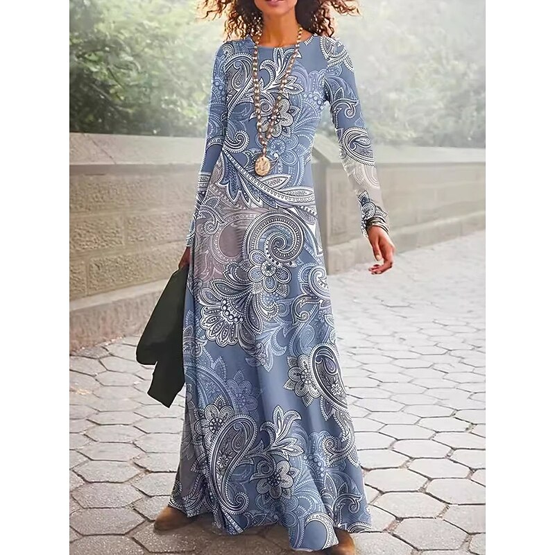 Women's Maxi Dress Vintage Bohemian A Line Dress Crew Neck Long Sleeve Casual Daily Regular Fit Graphic Paisley Blue Dark Green Green Spring Fall Winter