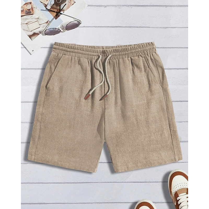 Men's Shorts Linen Shorts Summer Shorts Beach Shorts Pocket Elastic Waist Drawstring Plain Comfort Breathable Short Vacation Holiday Beach Hawaiian Boho Black Navy Blue