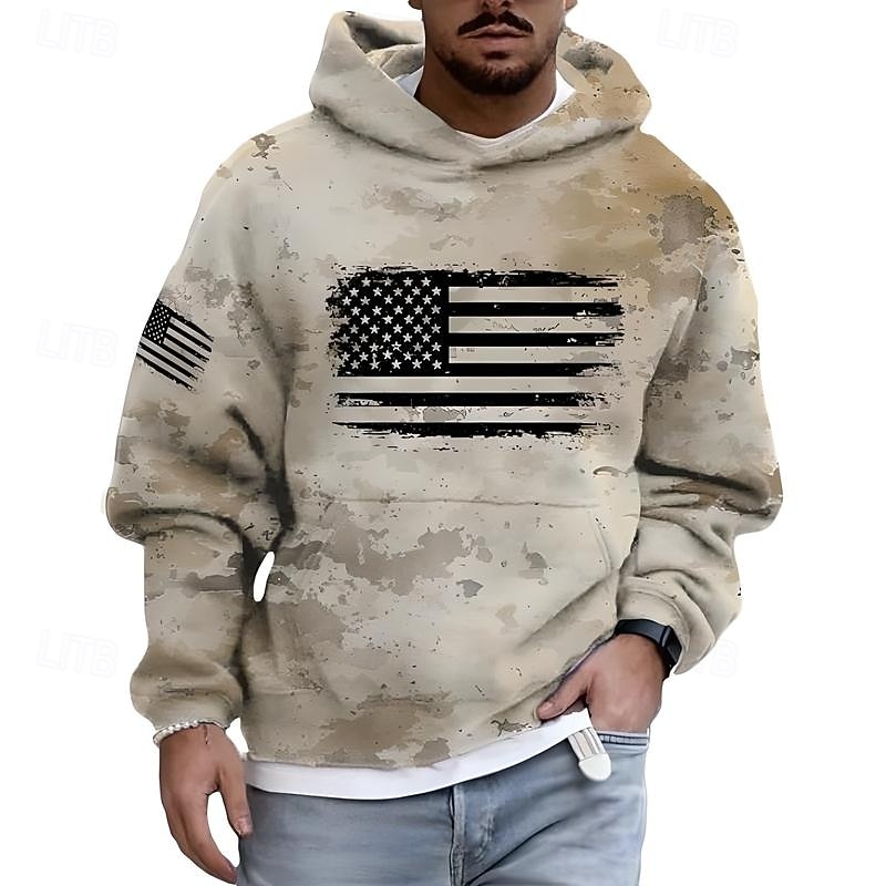 Men's Hoodie Green Khaki Light Green Gray Hooded Camo / Camouflage American Flag Front Pocket Daily Holiday Going out Polyester Streetwear Casual Fall Winter Clothing Apparel Hoodies Sweatshirts4