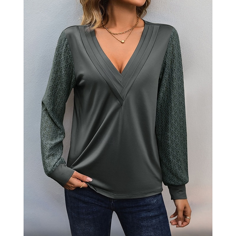 Women's Texture Blouse T Shirt Tee Top Plain Fashion Modern Long Sleeve V Neck Regular Tops Daily Going out Lace Patchwork Light Grey Spring Fall4