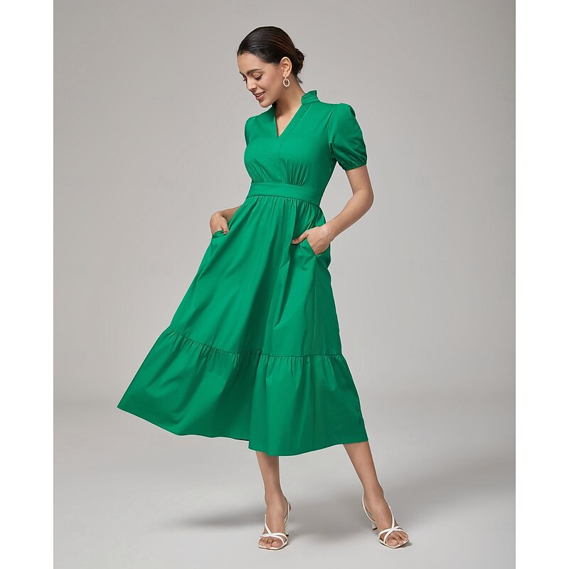 Deep Moss Green Cotton Puff Sleeve Dress2