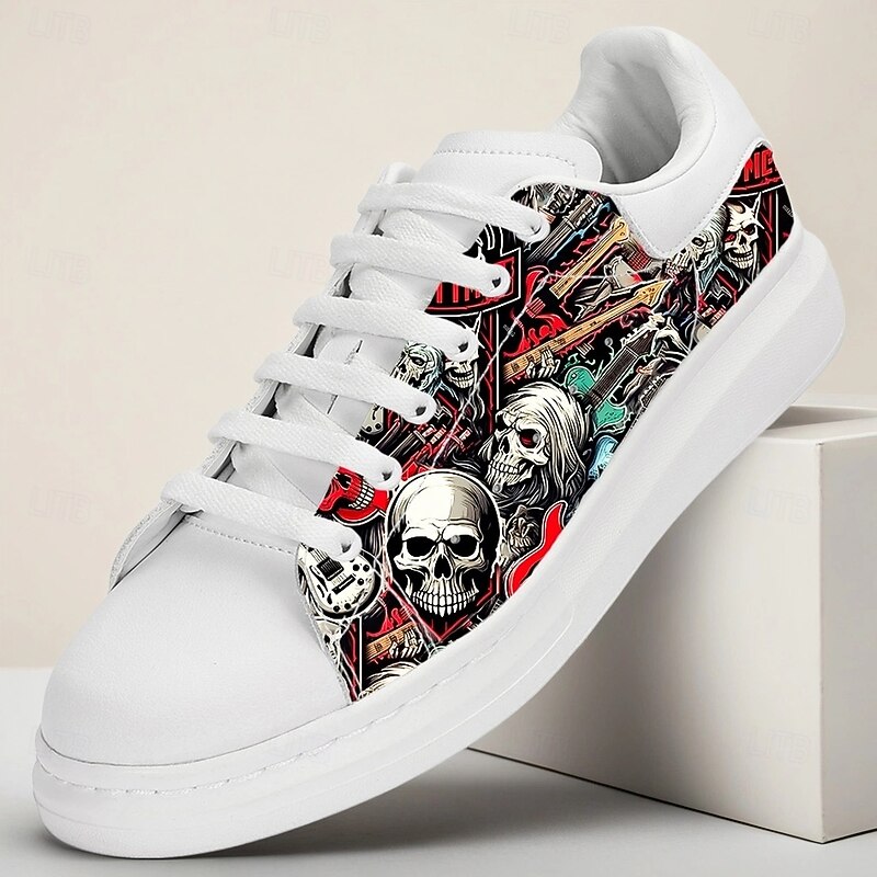 Men's White Sneakers with Horror Skull and Red Graphic Print for Halloween Parties, Music Festivals and Urban Streetwear