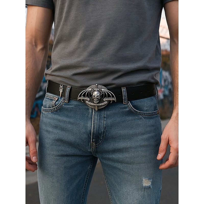 Men's Heavy Metal Skull Buckle Faux Leather Belt – Gothic Punk Style, Adjustable Waist, Perfect for Halloween Costumes, Concerts and Rock Parties