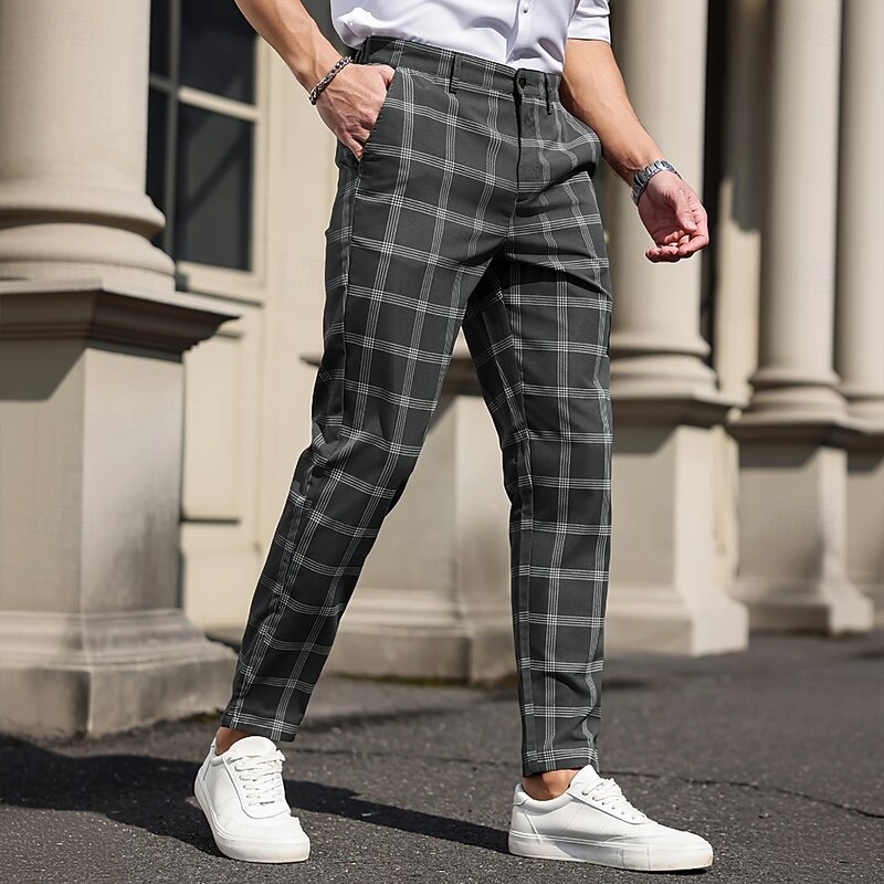 Men's Geometric Grid / Plaid Dress Pants Trousers Suit Pants Mid Waist Business Casual Formal Dailywear Slim Fit Pants with Pockets Spring Fall 3D Print Black Dark Blue Dark Gray4