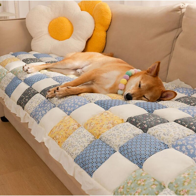 Cream Sofa Cover Large Plaid Square Fuzzy Pet Dog Mat Bed Couch Cover2